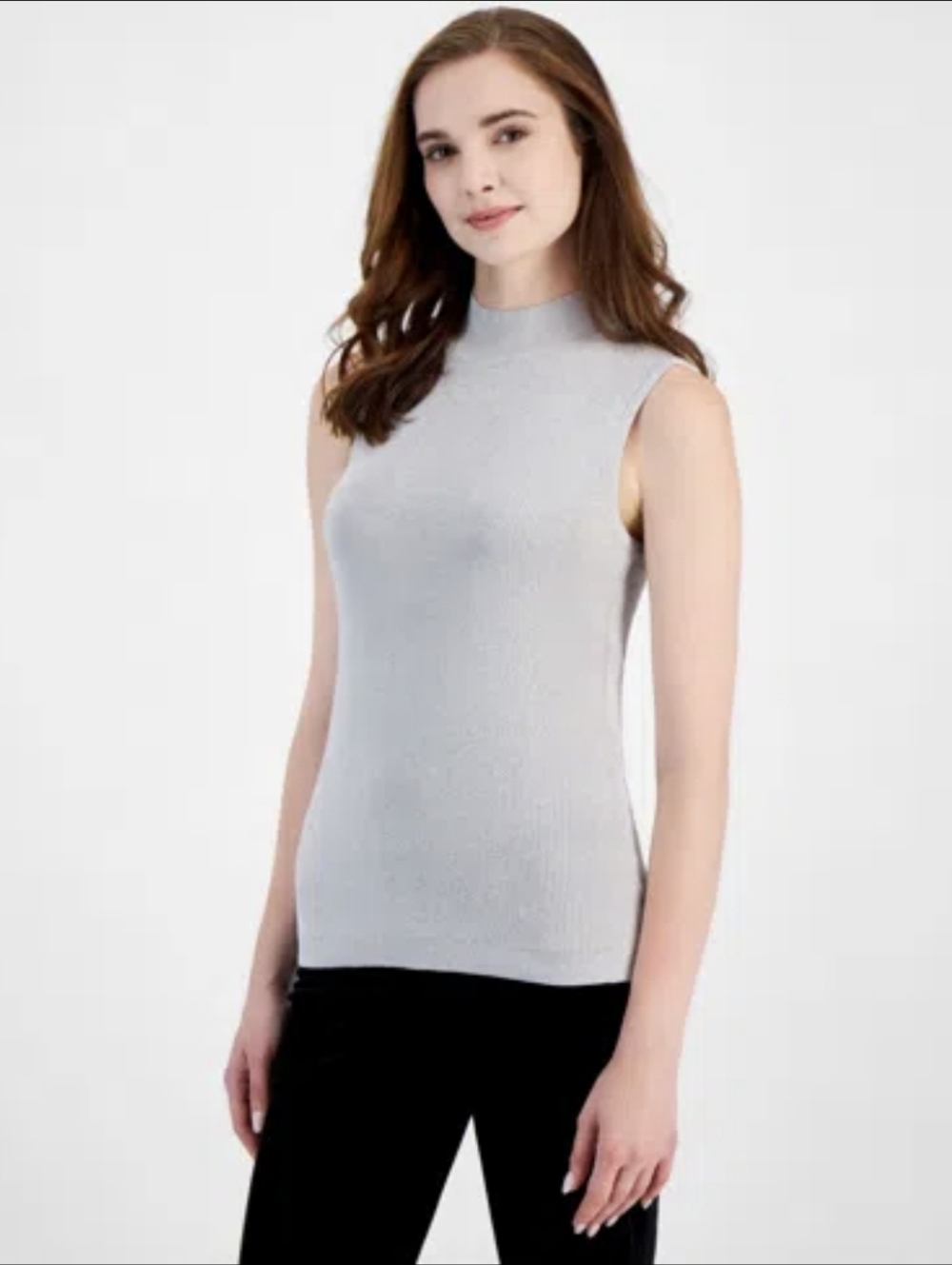 Tahari Sleeveless Mock Neck Tank in Light Gray #0227